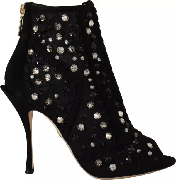 Black Crystals Heels Zipper Short Boots Shoes