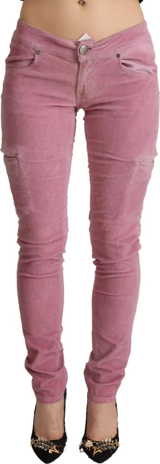 Pink Cotton Low Waist Skinny Denim Cargo Jeans
