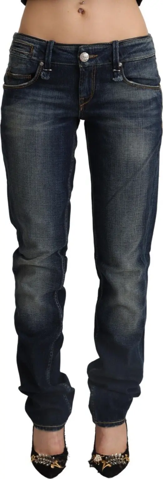 Dark Blue Washed Cotton Skinny Denim Low Waist Jeans