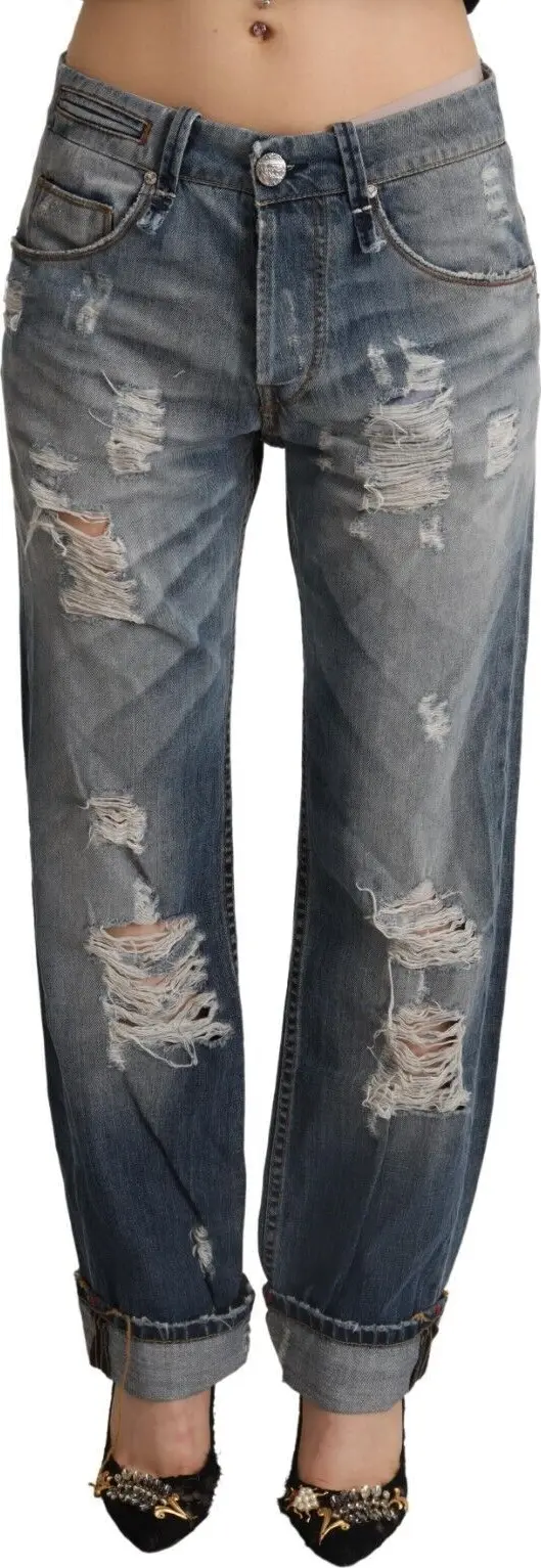 Blue Tattered Mid Waist Straight Denim Cotton Jeans