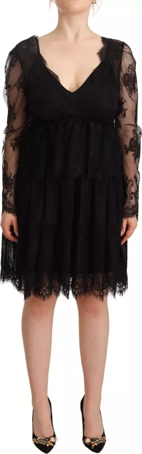 Black Floral Lace Cotton Long Sleeves V-neck Shift Dress