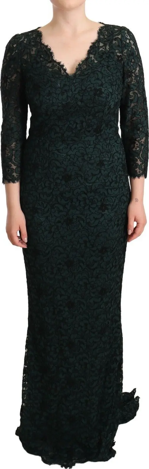 Green Floral Lace Maxi Floor Length Dress