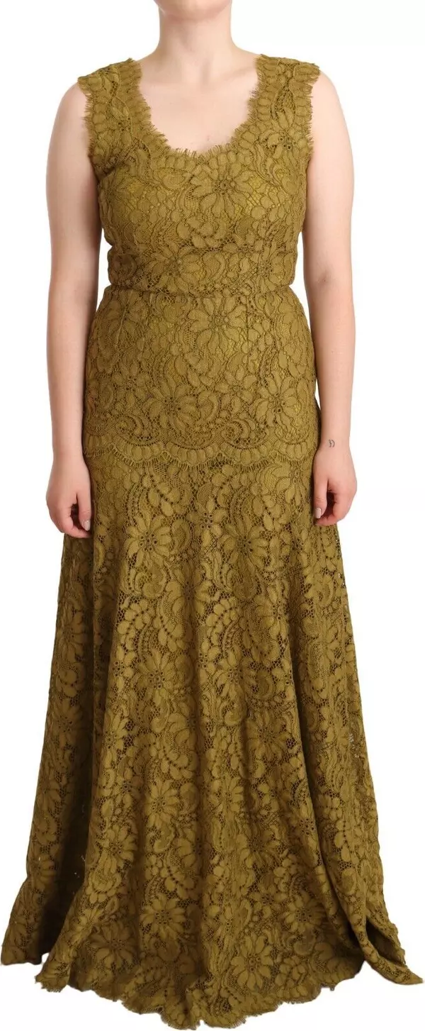 Brown Floral Lace Maxi Floor Length Dress