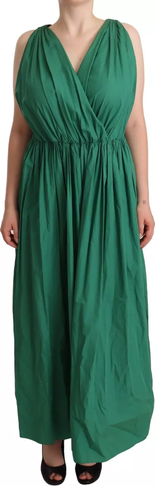 Green Cotton Sleeveless V-neck Dress