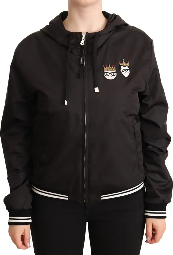 Black Polyester Hooded Bomber Full Zip Jacket