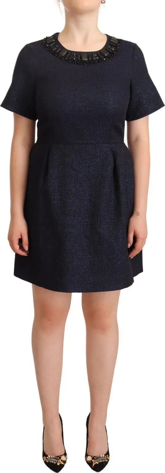Black Embellished Short Sleeves Mini A-line Dress