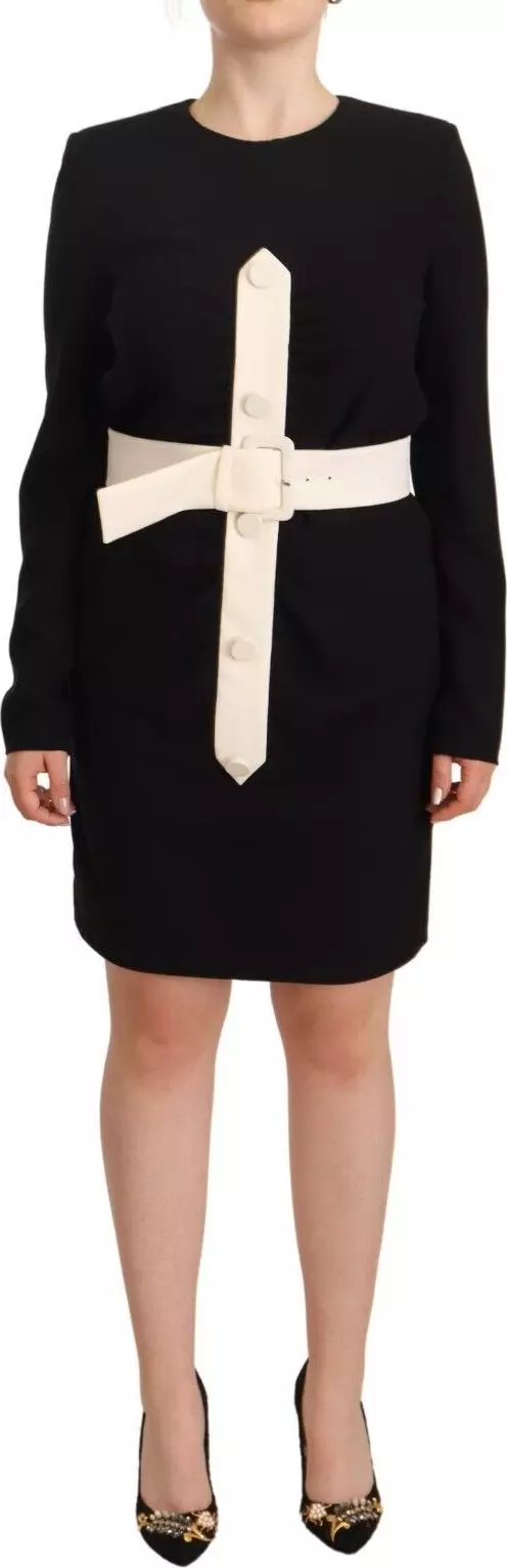 Black Wool Long Sleeves Belted Mini Sheath Dress