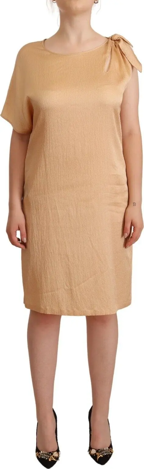 Beige One Sleeve Knee Length Shift Dress