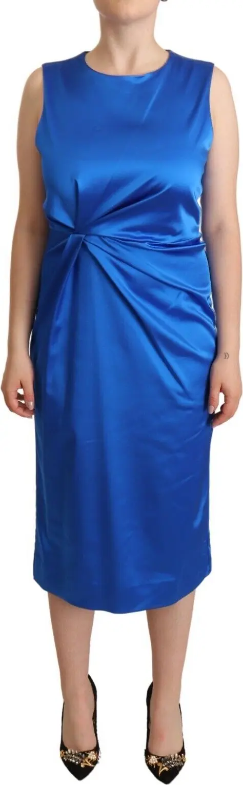 Blue Acetate Sleeveless Pleated Midi Sheath Dress