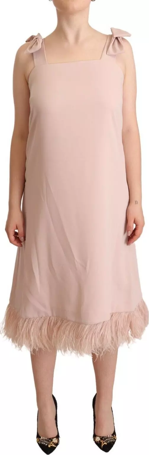 Pink Polyester Sleeveless Midi Feather Shift Dress