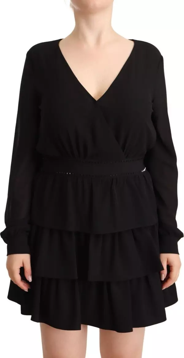 Black Polyester Long Sleeves V-neck Mini A-line Dress