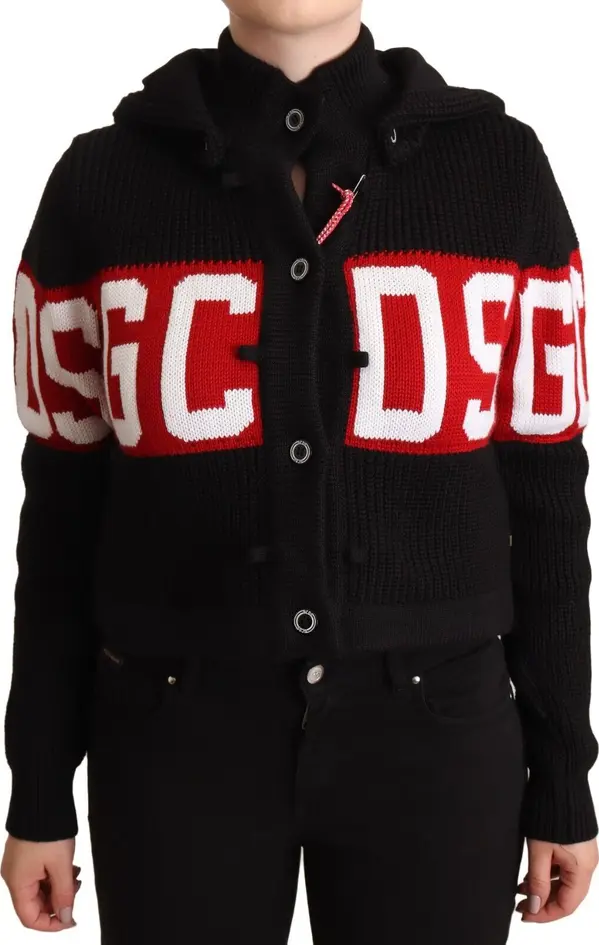 Black Cashmere Hooded Button Down Logo Cardigan Jacket
