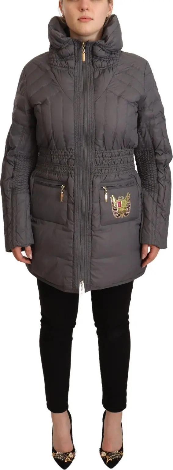 Gray Quilted Long Sleeves Logo Patch Full Zip Jacket
