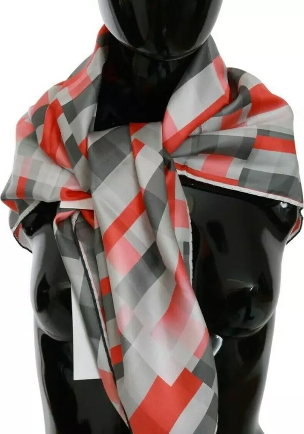 Gray Red Silk Shawl Foulard Wrap Scarf