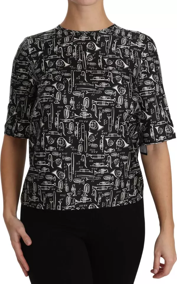 Black Musical Instruments Print Silk Blouse