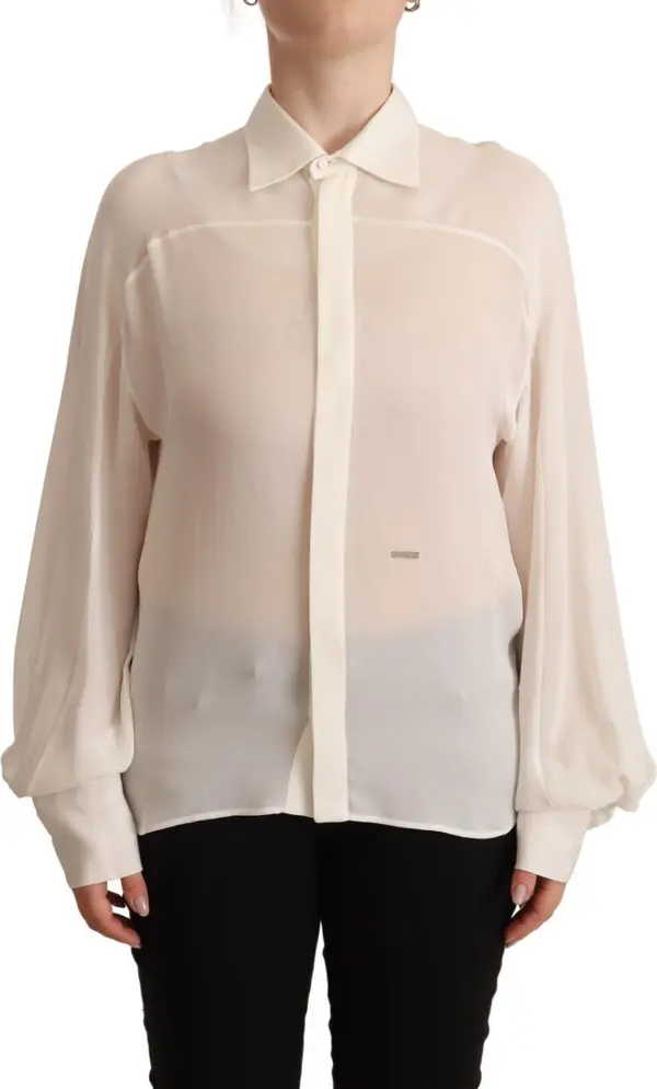 Off White Silk Long Sleeves Collared Blouse Top