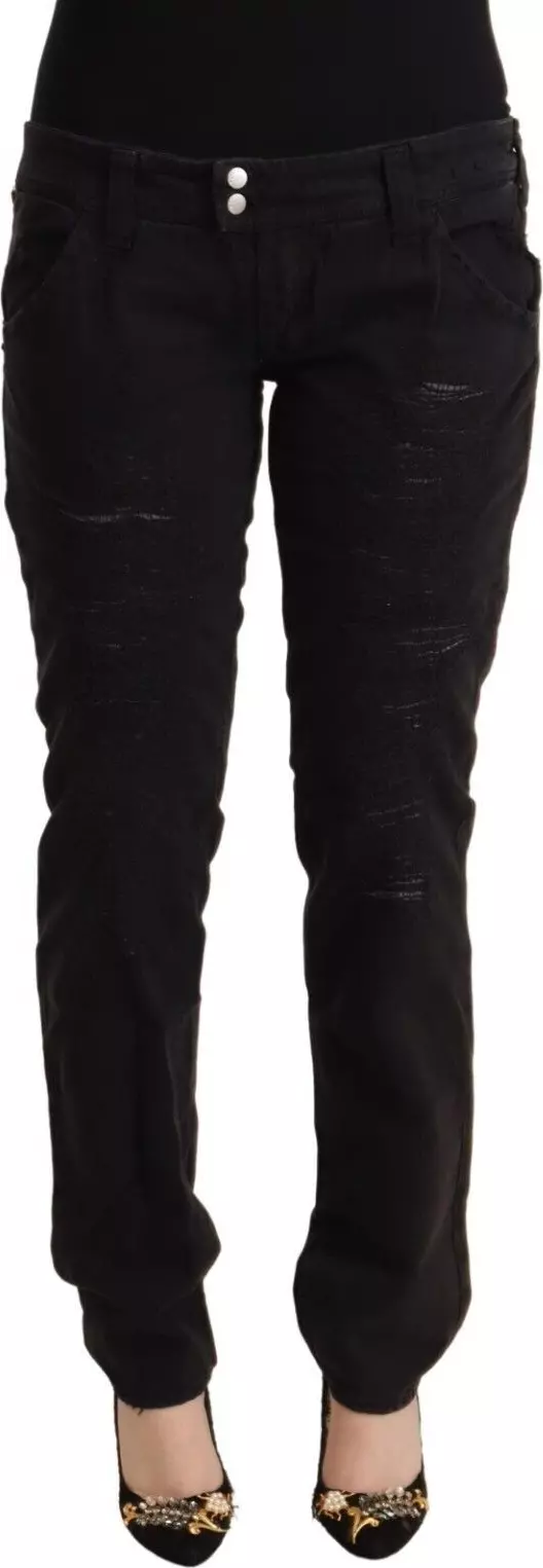 Black Cotton Distressed Low Waist Slim Fit Denim Jeans