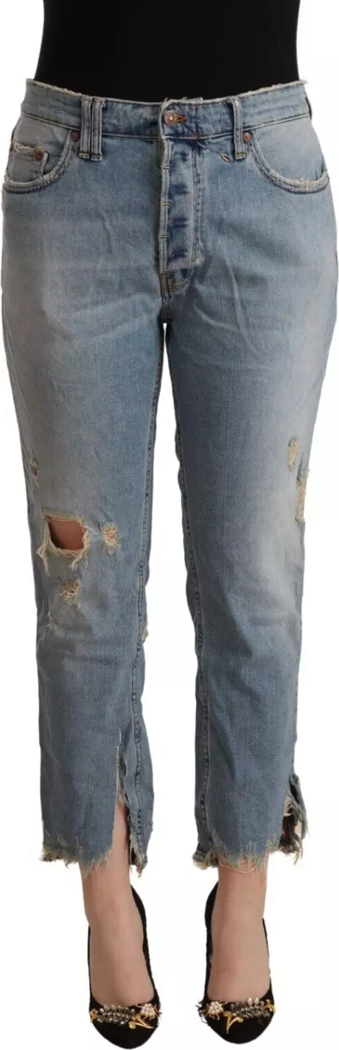 Light Blue Distressed Mid Waist Cropped Denim Jeans