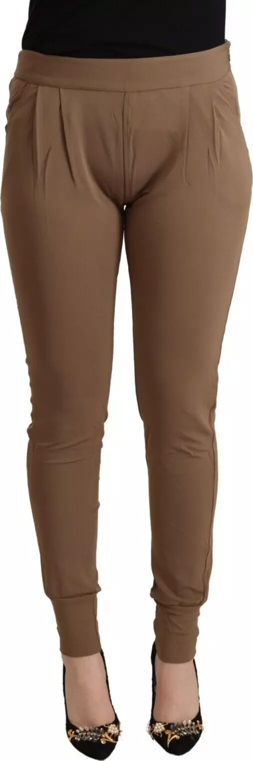 Brown Viscose Mid Waist Slim Tapered Pants