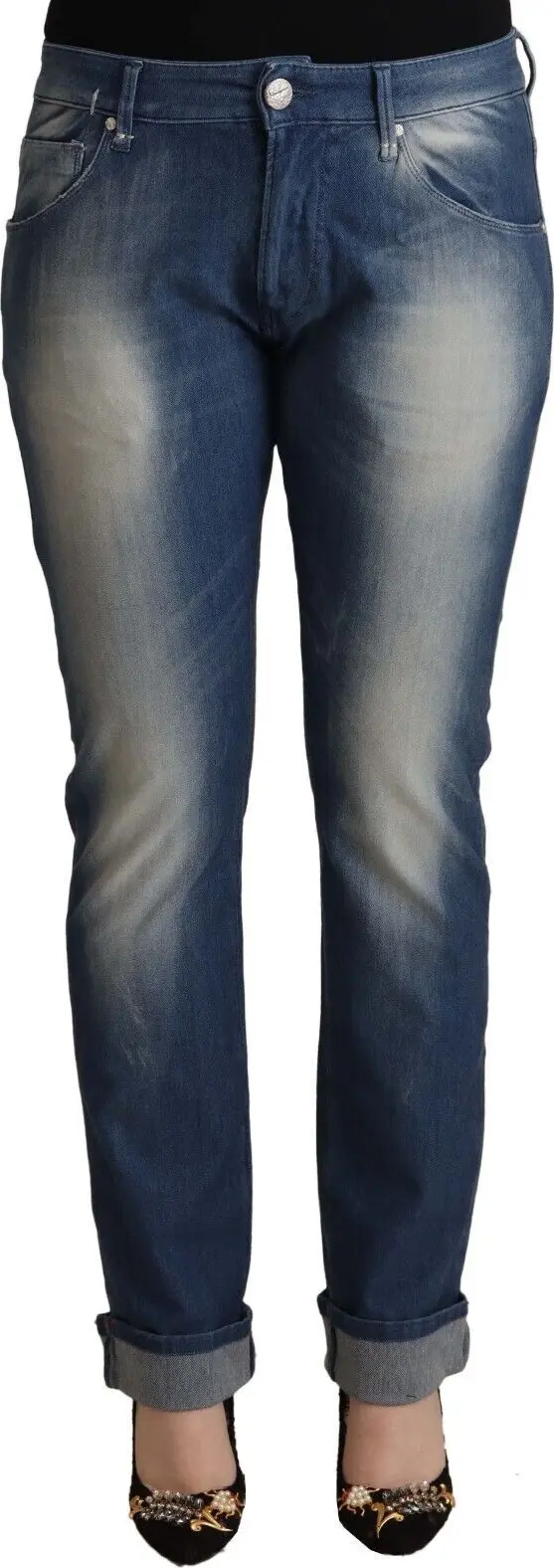 Blue Washed Mid Waist Folded Hem Skinny Jeans