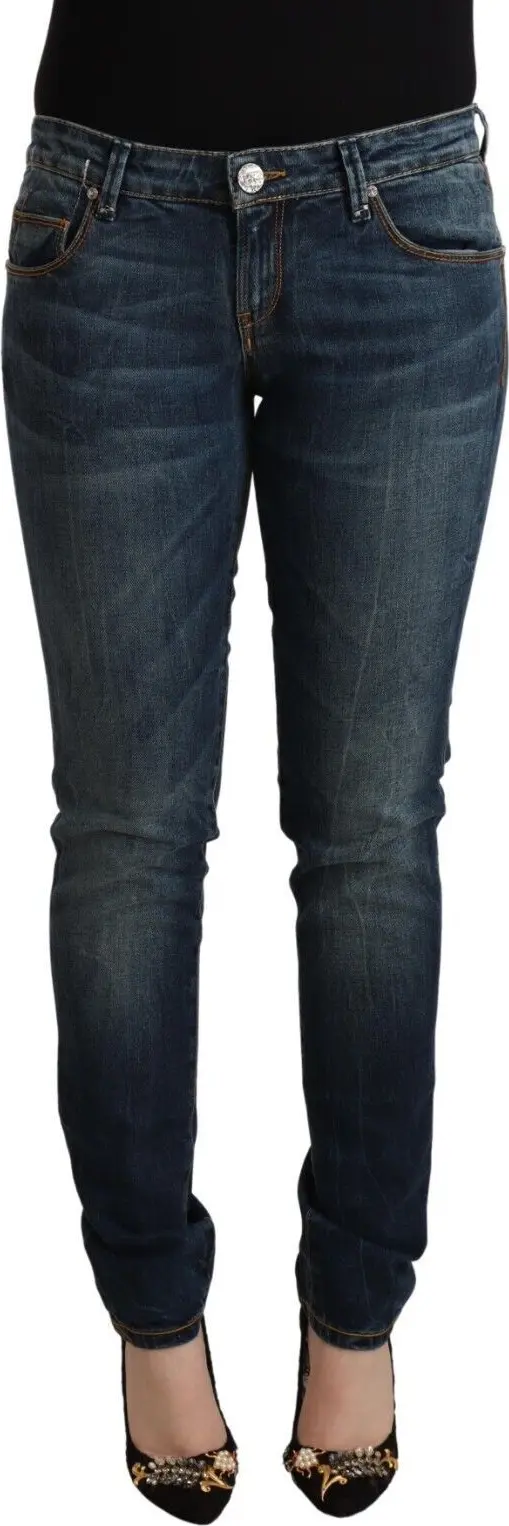 Blue Washed Cotton Low Waist Slim Fit Denim Jeans