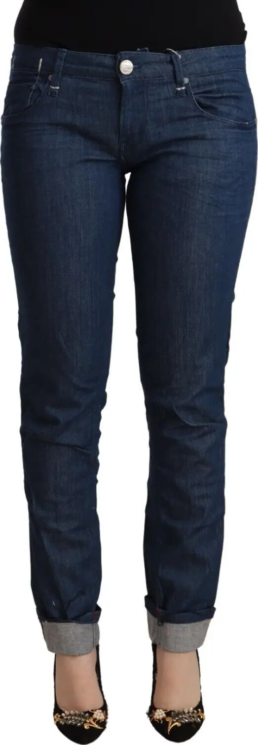 Blue Cotton Low Waist Skinny Denim Folded Hem Jeans