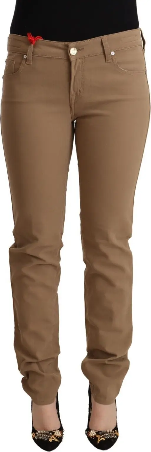 Brown Cotton Stretch Mid Waist Skinny Pants