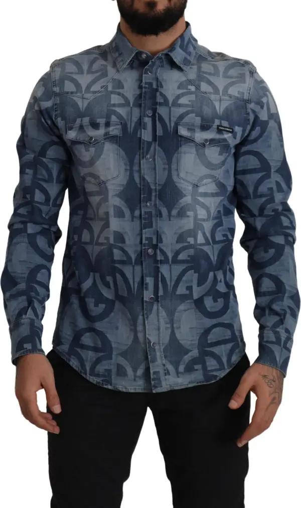 Blue Denim Stretch DG Logo Casual Mens Slim Shirt