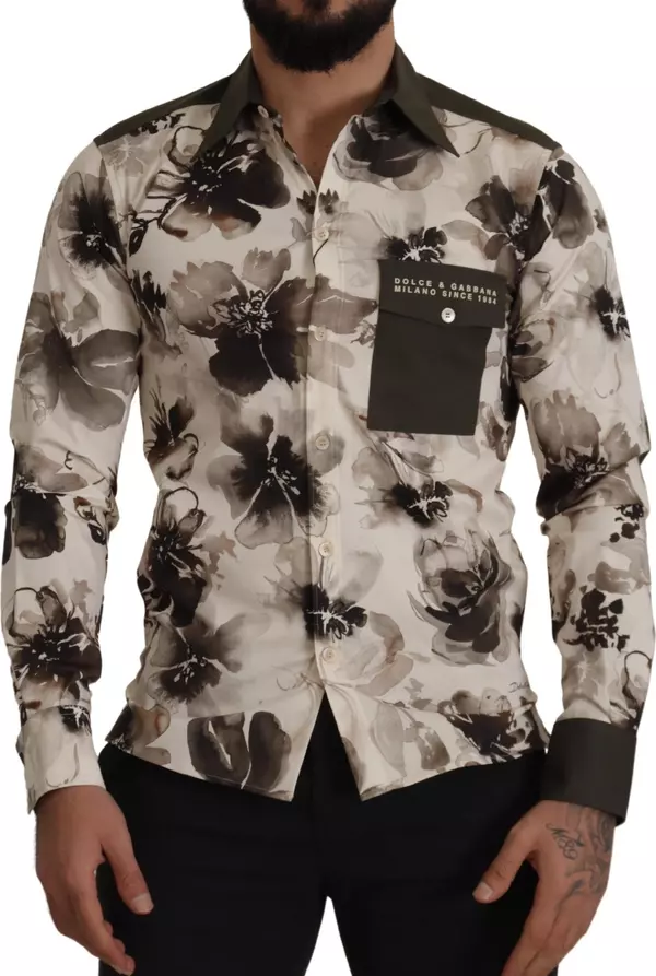 Green Beige Floral Cotton Stretch Exclusive Shirt