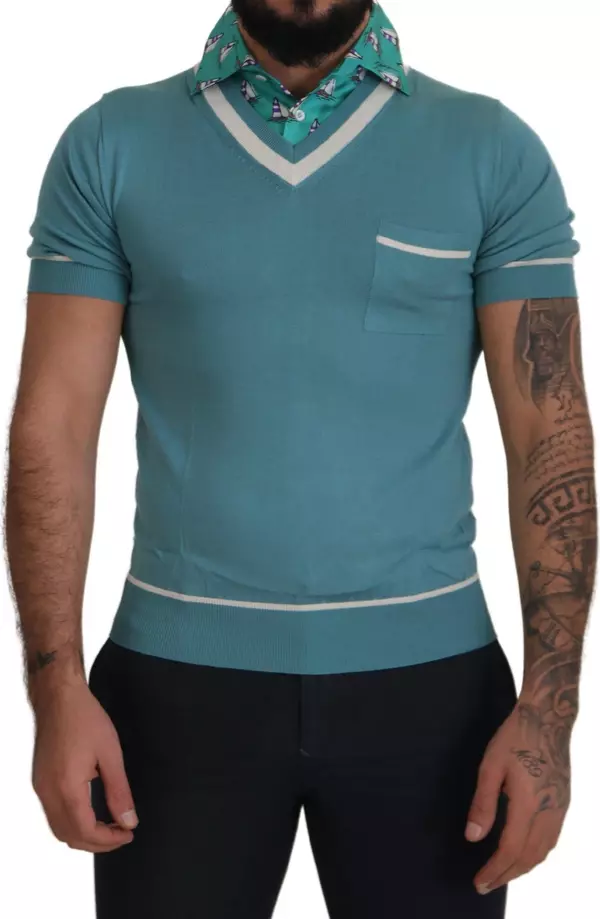 Blue Silk Polo Top Mens V-neck  T-shirt