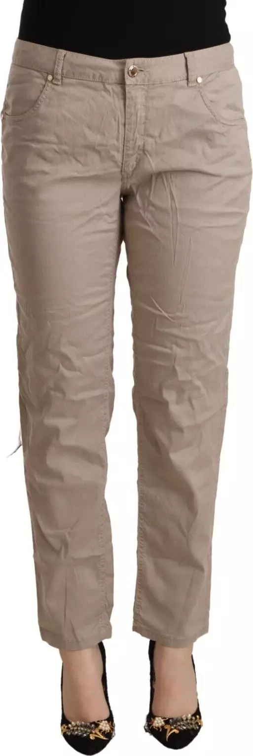 Beige Tencel Mid Waist Tapered Casual Pants