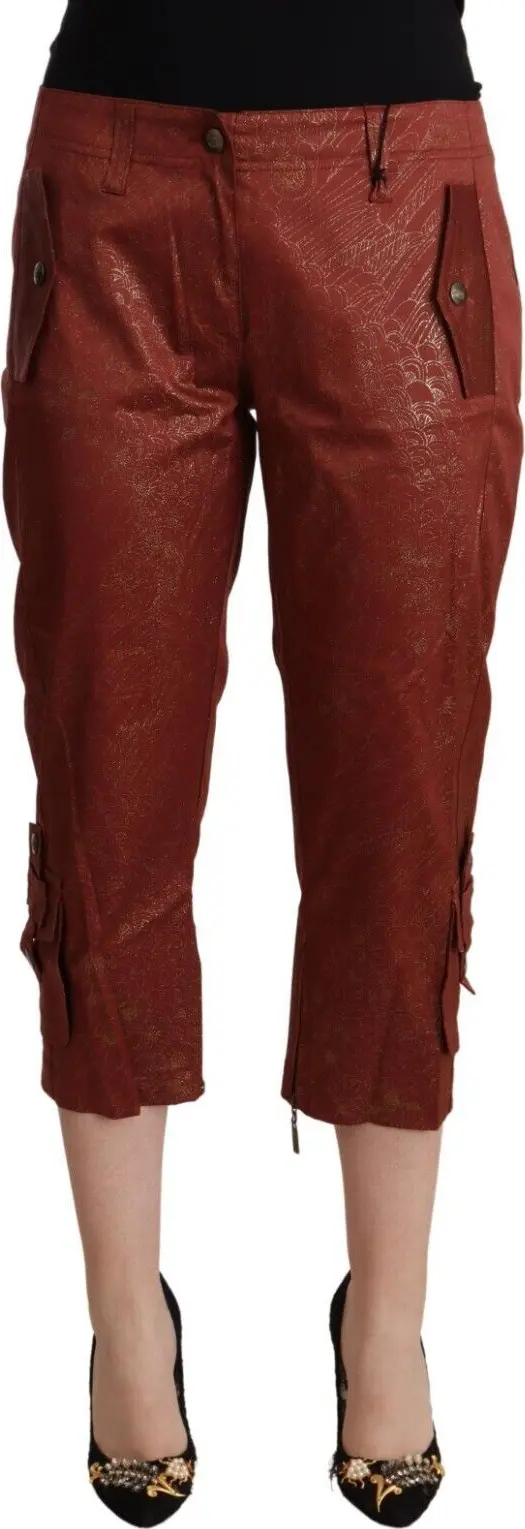 Brown Lurex Mid Waist Cotton Cropped Capri Pants