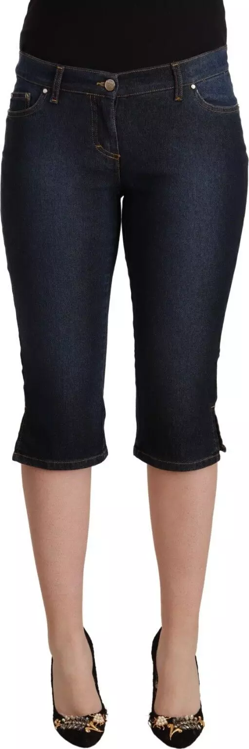 Blue Cotton Stretch Low Waist Slim Capri Denim Jeans
