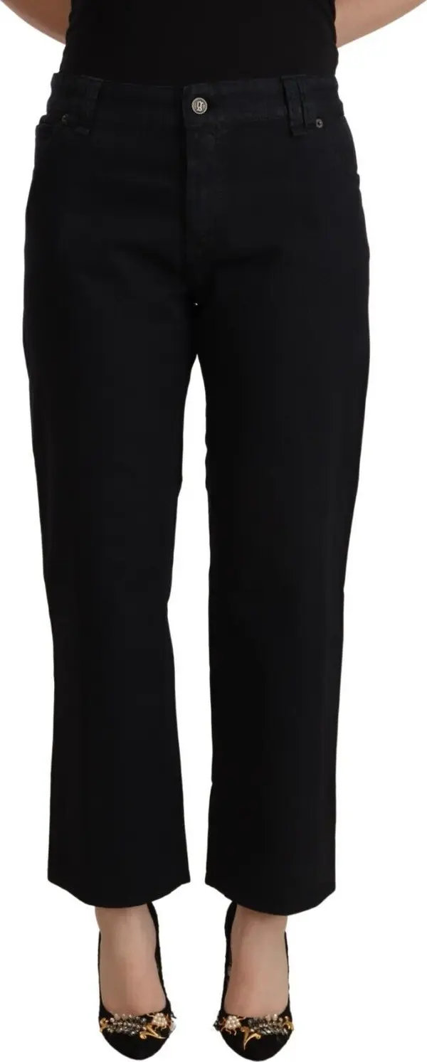 Black Cotton Flared Cropped High Waist Denim Jeans
