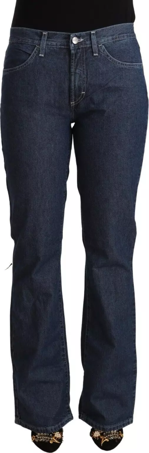 Blue Cotton Mid Waist Flared Denim Jeans