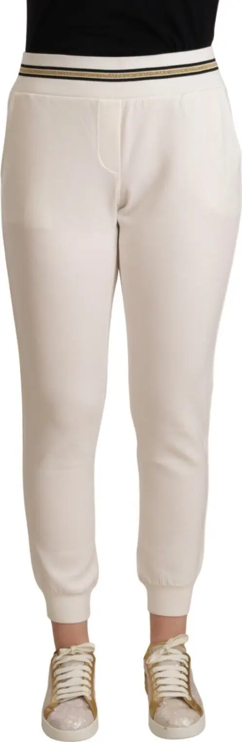 White Polyester Mid Waist Jogger Pants