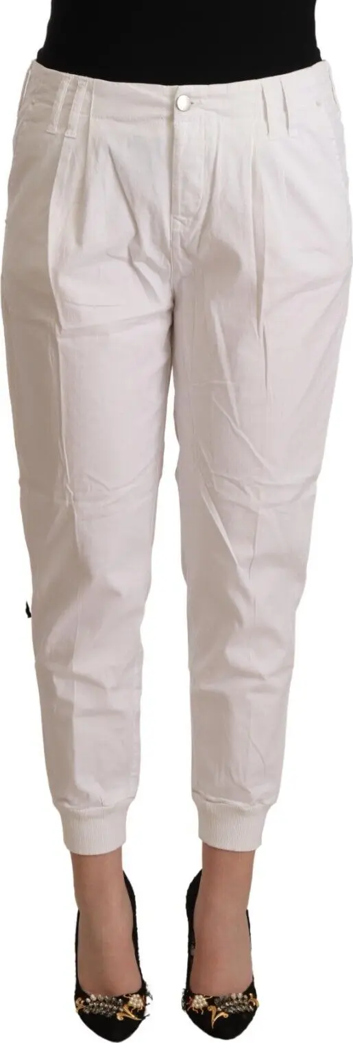 White Cotton Mid Waist Tapered Cropped Pants