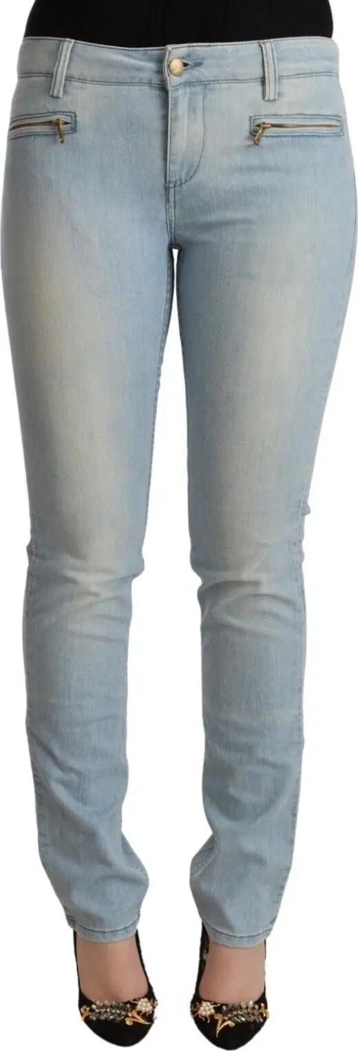 Light Blue Cotton Mid Waist Slim Fit Denim Jeans