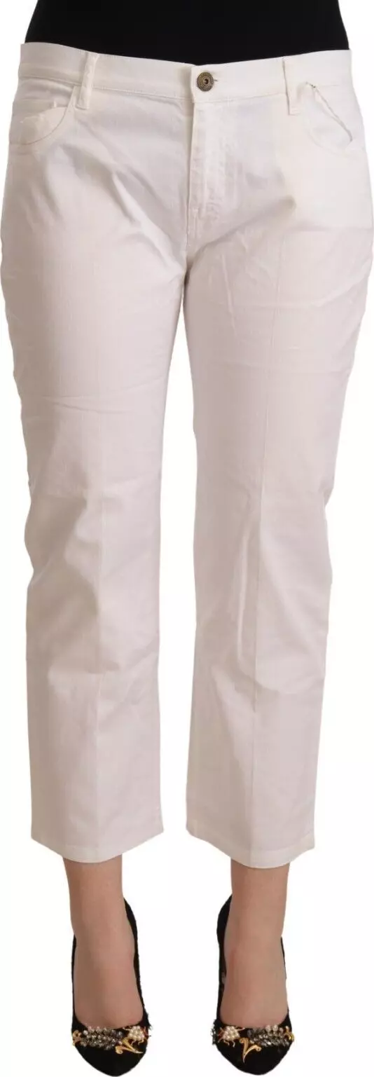 White Cotton Mid Waist Cropped Denim Jeans