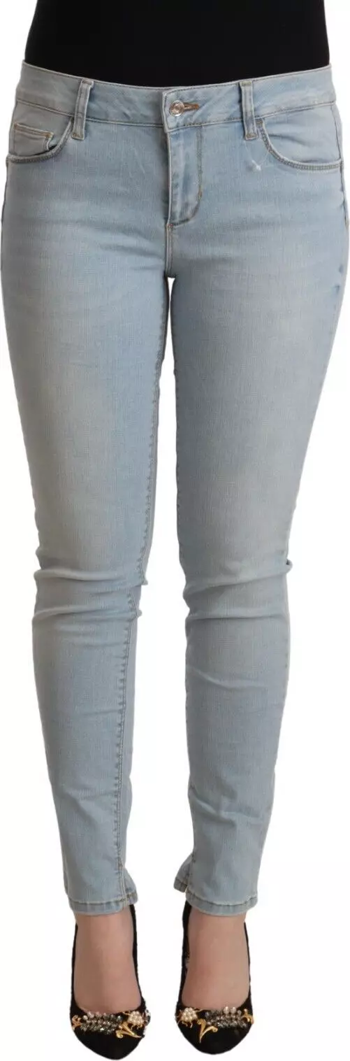 Light Blue Cotton Mid Waist Slim Fit Denim Jeans