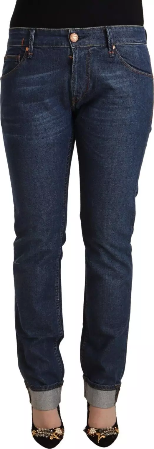 Dark Blue Cotton Slim Fit Folded Hem Denim Jeans