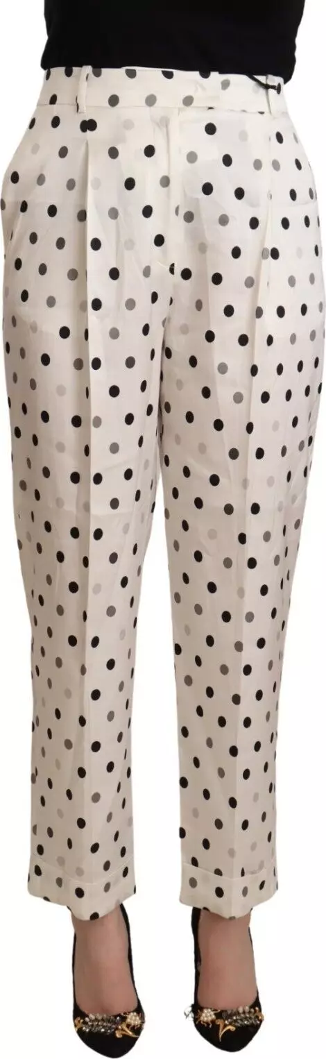 White Polka Dotted High Waist Tapered Pants