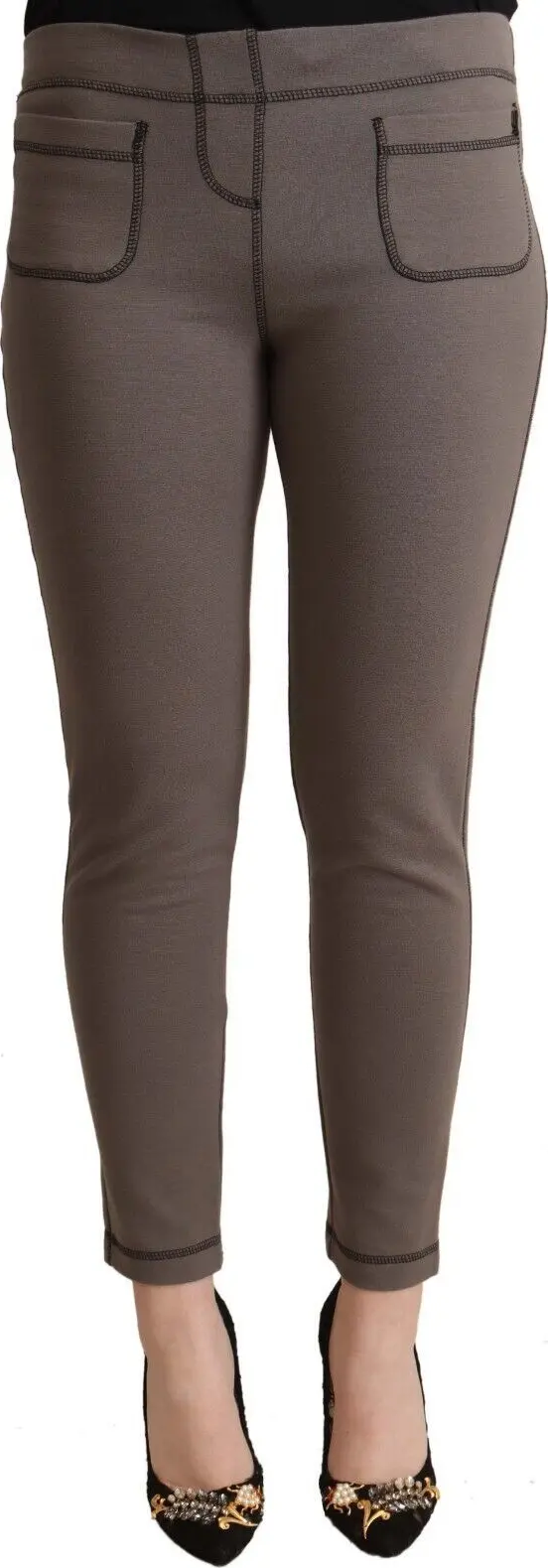 Gray Cotton Mid Waist Stretch Leggings Cropped Pants