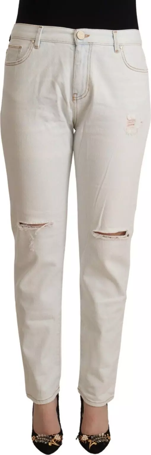 White Cotton Distressed Mid Waist Skinny Denim Jeans
