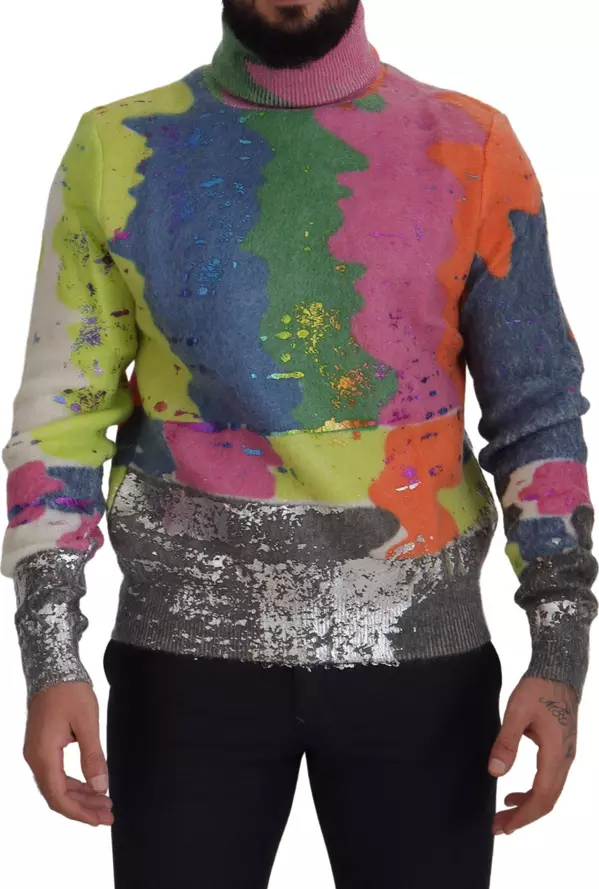 Multicolor Turtleneck Pullover Mohair Sweater