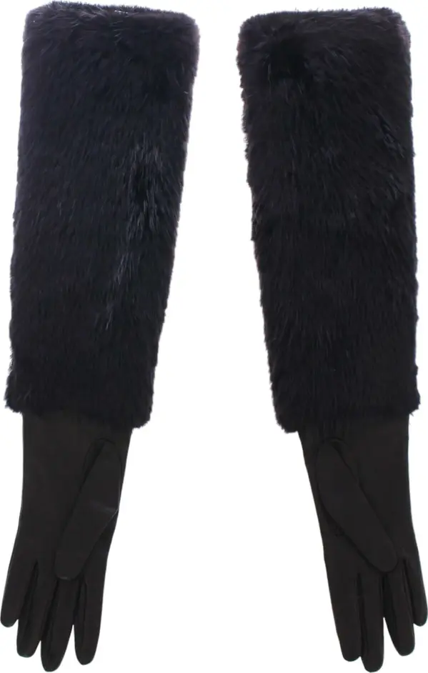 Black Beaver Fur Lambskin Leather Elbow Gloves