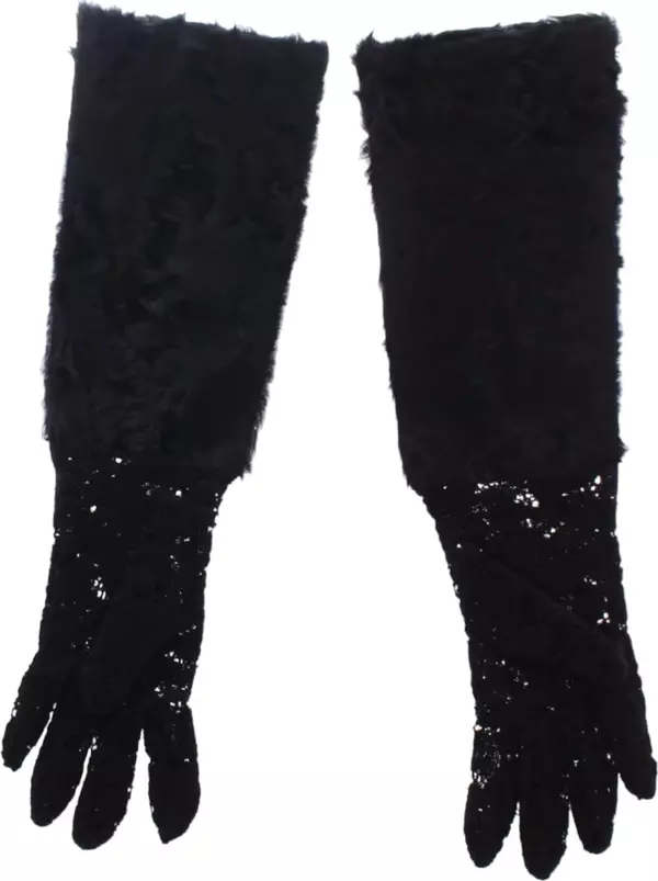 Black Lace Wool Lambskin Fur Elbow Gloves