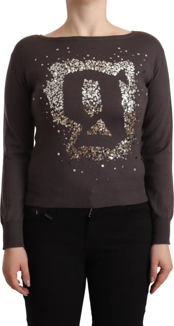Brown Wool Sequined Long Sleeves Pullover Sweater