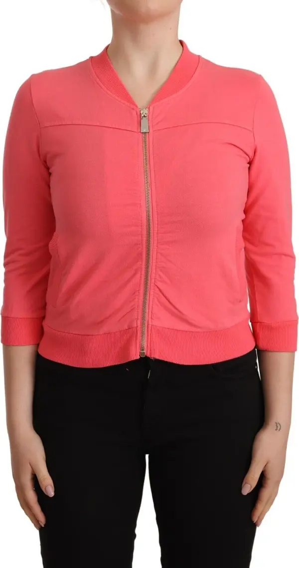 Pink 3/4 Sleeve Zip Embellished Sweater