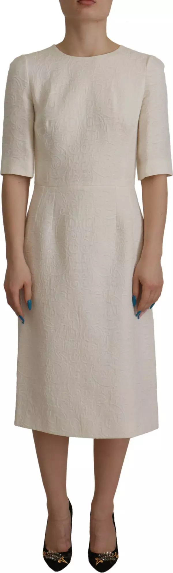 White Jaquard Midi Floral Sheath Brocade Dress